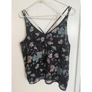 DEX Blue Floral Tank V-Neck Double Shoulder Strap Sleeveless Size Medium